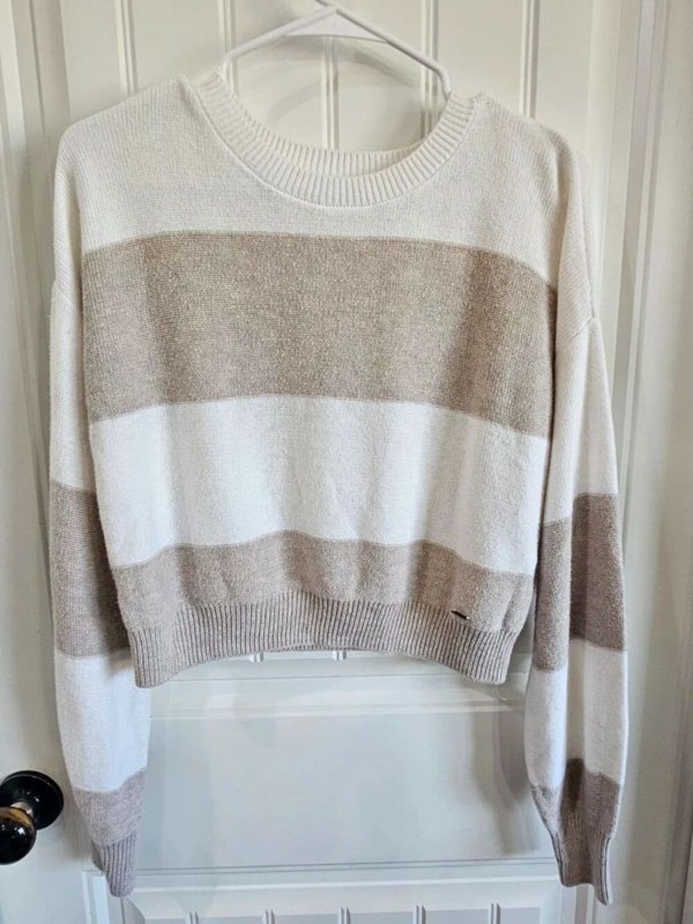 Tan and White Cropped Hollister Sweatshirt